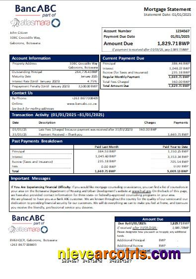 Botswana Bank ABC bank mortgage statement